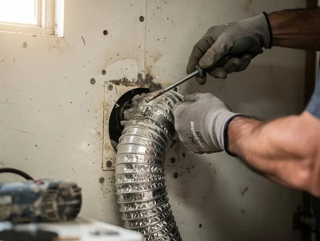 Duarte Dryer Vent Cleaning technician performing precise dryer vent hose installation in Duarte